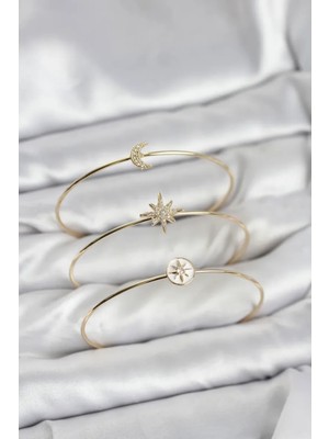 Vice Avm Gold Renk Zirkon Taşlı Kutup Yıldızı Model 3'lü Kadın Bileklik Kombini - TJ-BB8355104686 Tg-V