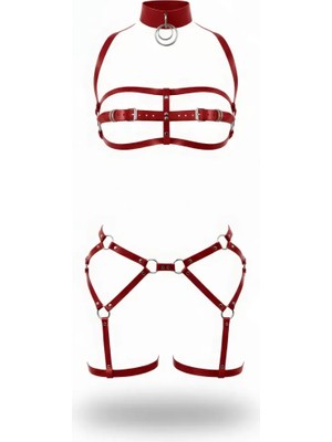 bebekokusu Kırmızı Harness Takım Yüksek Yakalı Tokalı Metal Halka Detaylı - BRF242