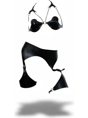 bebekokusu Siyah Harness Takım Zincir Detaylı Suni Deri Bralet Set - BRF1220