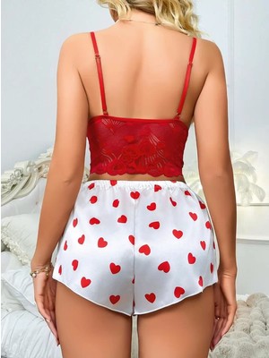 bebekokusu Kadın Kırmızı Kalp Desenli Şort Askılı Dantel Üst Pijama Takımı 2218