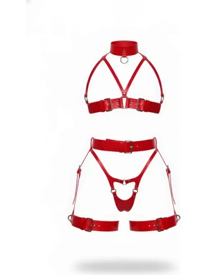 bebekokusu Kırmızı Harness Takım Deri Yüksek Yaka Gerdanlık Detaylı - BRF1378