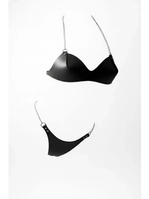 bebekokusu Siyah Harness Takım Suni Deri Zincir Detaylı - BRF1169