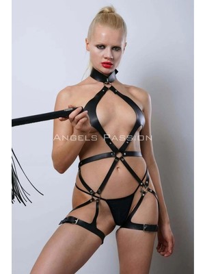 bebekokusu Siyah Kırbaçlı Deri Harness, Full Body Deri Harness, Erotik Deri Iç Giyim - BRF1348