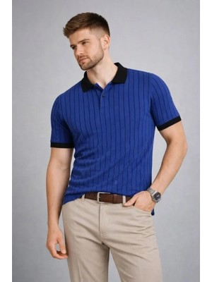 Pileli Store Pilelistore- Erkek Polo Yaka Çizgili Tişört Kısa Kol Düğmeli Yazlık T-Shirt - Saks Mavisi