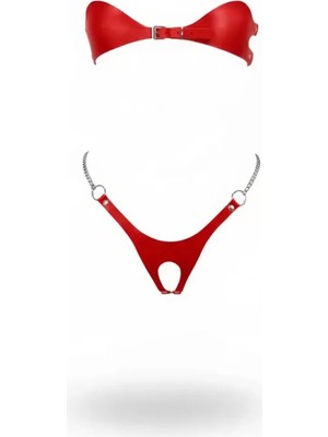 bebekokusu Kırmızı Harness Takım Deri Zincir Detaylı Tokalı Bralet - BRF1234