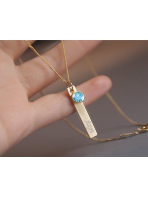 PremiumPort 925 Ayar Gümüş Açık Mavi Doğum Taşı Plaka Isim Kolye