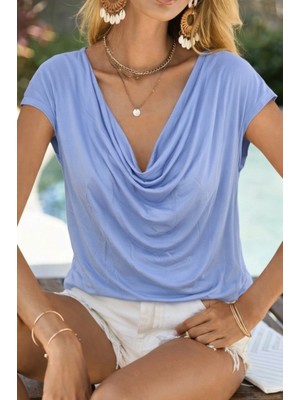 Pileli Store Pilelistore- Kadın Kısa Kollu Degaje Yakalı Viskon Bluz