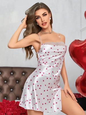 bebekokusu Kadın Beyaz Fuşya Kalp Desenli Saten Gecelik 2219