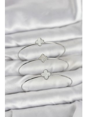 Vice Avm Gümüş Renk Yonca Model Zirkon Taşlı 3'lü Kadın Bileklik Kombini - TJ-BB8344104675 Tg-V