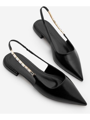 Marjin Kadın Sivri Burun Arkası Açık Atkılı Taşlı Babet Revoli Siyah