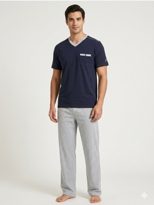 Çift Kaplan Erkek Düz V Yaka Kısa Kol Pijama Takımı 8101