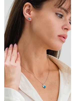 PremiumPort 925 Ayar Gümüş Dalga Desenli Kalp ve Küpe Seti