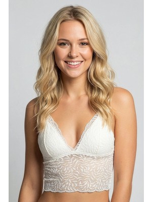 New Bra Dantel Çiçek Motifli Crop Bralet | Ekru 8427