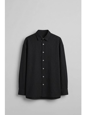 Abluka Online Erkek Oversize Çizgili Keten Karışımlı Uzun Kollu Gömlek Siyah