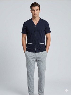 Çift Kaplan Erkek Düz Önden Düğmeli Kısa Kol Pijama Takımı 8102