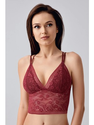New Bra Çiçek Motifli Uzun Dantel Crop Bralet | Bordo 8329