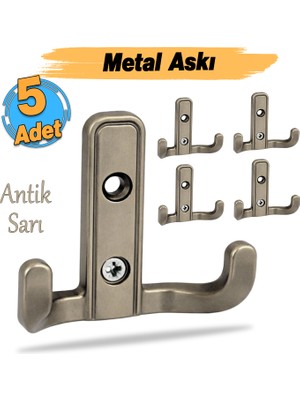 Badem10 Aytuğ Askı 5 Adet Antik Sarı Renk Dolap Askılık Duvar Askılığı Vestiyer Mutfak Elbise Kıyafet Askı