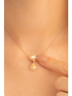 PremiumPort Şık Kadın Gümüş Kolye, Rose Altın Kaplama, Incili ve Istiridye Detaylı