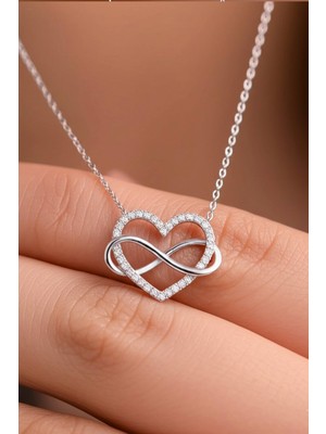 PremiumPort Zirkon Taşlı Kalp ve Sonsuzluk Gümüş Kadın Kolye 925 Ayar