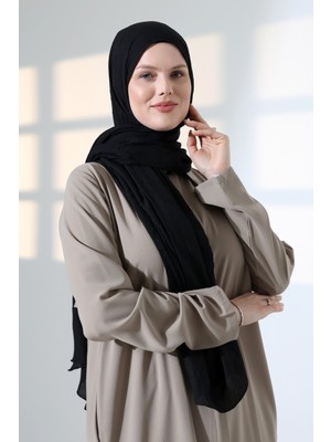 İhvan Online Kadın Tesettür Bambu Kraş Şal, Ütü Gerektirmeyen Doğal Hijab Başörtüsü (75X180 Cm) - Siyah