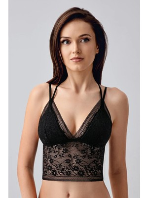 New Bra Çiçek Motifli Uzun Dantel Crop Bralet | Siyah 8329