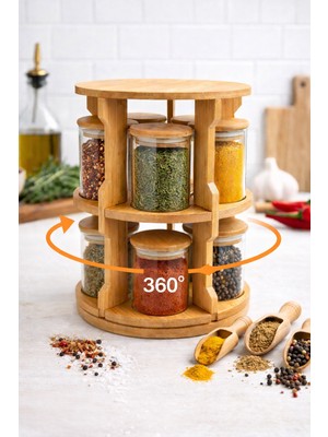 Nokka 10’lu Döner Baharatlık (7x7 Cm)  Seti, Bambu Standlı Cam Kavanoz Baharatlık Organizer 360° Döner