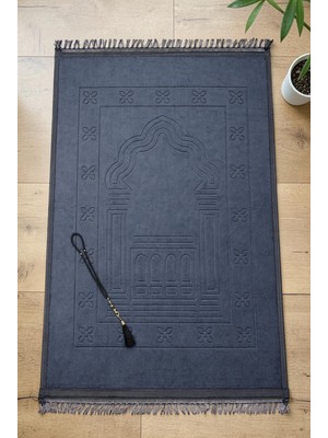 İhvan Online Yumuşak Kadife Dokulu Mihrap Desenli Peluş Seccade Siyah