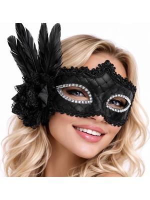 tp Buğz Siyah Tüylü Venedik Lüks Balo Maskesi
