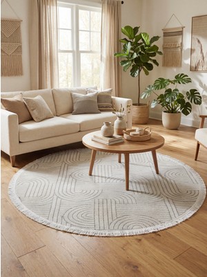 Eliana Home Şönil,dokuma, Kaymaz Taban Iskandinav Yuvarlak Salon Halısı-Krem