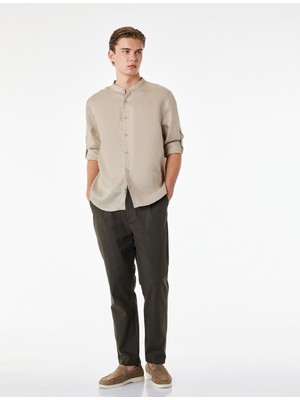 Koton Regular Fit Beli Lastikli Düğmeli Düz Paça Keten Karışımlı Chino Pantolon