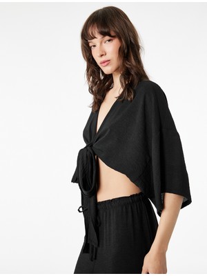 Koton Kısa Kollu Kruvaze Yaka Bağlamalı Crop Oversize Kimono