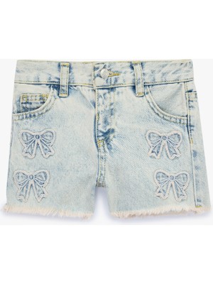 Koton Fiyonk Nakış Detaylı Cepli Pamuklu Denim Şort