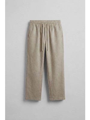Abluka Online Erkek Relaxed Fit Jakar Desenli Bağcıklı Pantolon Krem