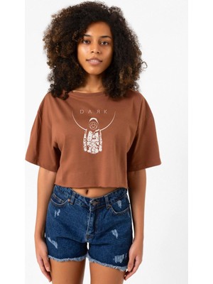 Dark Mono Kahverengi Kadın Crop Tshirt