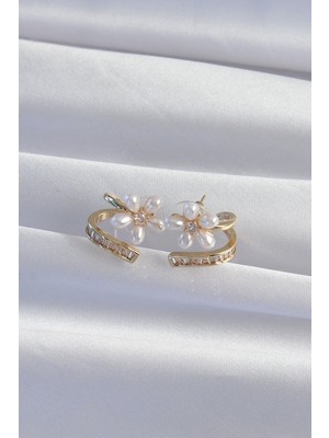 Fun And Market Buğz Pirinç Gold Renk Zirkon Taşlı Kıvrımlı Inci Çiçek Küpe - Buğz