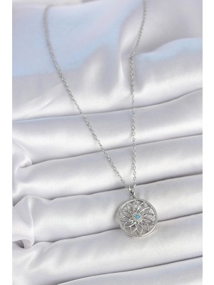 Fun And Market Buğz 316L Çelik Gümüş Renk Zincir Mavi Taşlı Lotus Model Kadın Kolye - Buğz