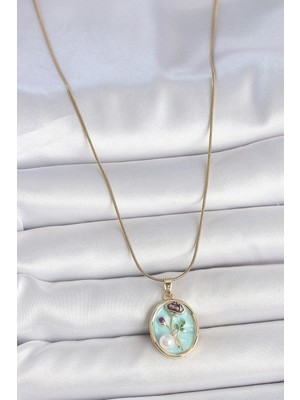 Fun And Market Buğz 316L Çelik Gold Renk Zincir Mavi Çiçek Işlemeli Inci Detay Portre Model Kadın Kolye - Buğz