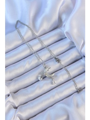 Fun And Market Buğz 316L Çelik Zincir Gümüş Renk Zirkon Taşlı Kelebekli Mineli Ay Kolye - Buğz