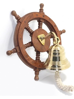 Fun And Market Buğz Duvara Asmalı Ahşap Dümenli Pirinç Çan