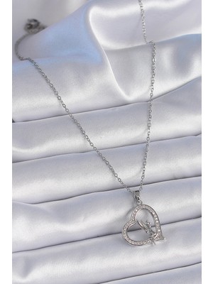 Fun And Market Buğz 316L Çelik Zincir Gümüş Renk Zirkon Taşlı Kalp Model Melek Detay Kadın Kolye - Buğz