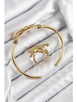 Fun And Market Buğz Pirinç Deniz Yıldızı Model Gold Renk Bileklik Yüzük Set - Buğz