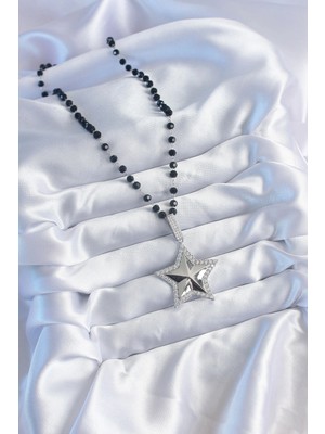 Fun And Market Buğz Gümüş Renk Siyah Boncuk Zirkon Taşlı Pirinç Yıldız Model Vip Seri Kadın Kolye - Buğz