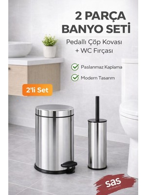 Sas Haus Pedallı 8 Lt Paslanmaz Metal Çöp Kovası ve Tuvalet Fırçası, 2’li Banyo ve Wc Seti – Krom Titan 7108