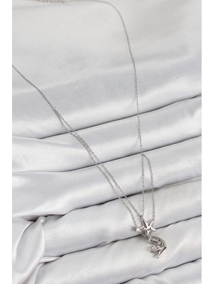 Fun And Market Buğz Pirinç Zirkon Taşlı Yıldız ve Ay Model Gümüş Renk Kadın Kolye - Buğz