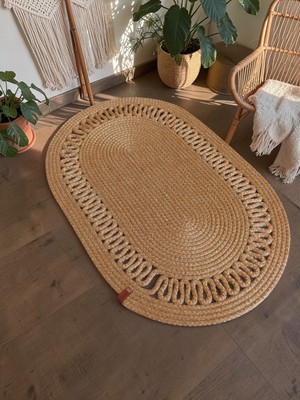Zeora Home Oval Jüt Hasır Halı Görünümlü Doğal Boho Balkon Banyo Oturma Odası Kapı Önü Paspas