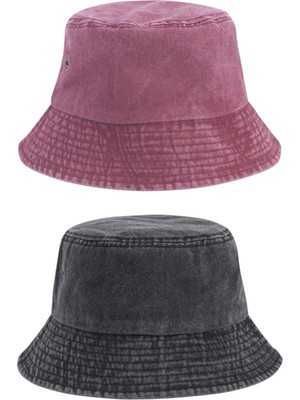 Tezzgelsin Unisex Eskitme Vintage %100 Pamuklu Bucket Kova Şapka 2'li Set