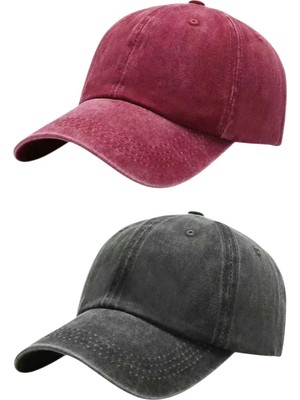 Tezzgelsin Unisex Eskitme Vintage %100 Pamuklu Ayarlanabilir Beyzbol Kep Şapka 2'li Set