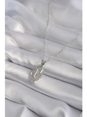 Fun And Market Buğz 316L Çelik Gümüş Renk Zirkon Taşlı Kanat Model Kadın Kolye - Buğz