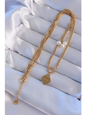 Fun And Market Buğz 316L Çelik Gold Renk Çift Zincir Inci Detayı Love Kalp Kolye - Buğz