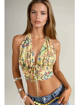 Hiccup Kadınlar Büzgü Detaylı Desenli Crop Top Natural
